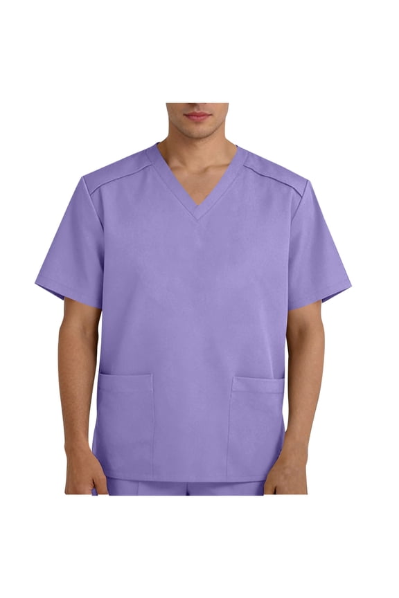 Mens Scrub Top - Medical Work Shirt for Men, Short Sleeve V-Neck with Two Pockets, Stretch & Breathable for Nurses, Doctors - Purple,Size 2XL