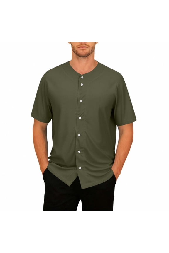 Mens Short Sleeve Baseball Jersey Shirt, Stretch Button Up Shirt Army Green, Relaxed Fit Casual Athletic Moisture Wicking (S-5XL),Size 5XL
