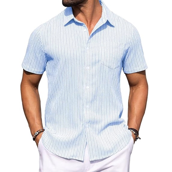 GUZOM Mens Short Sleeve Button Down Shirt - Blue Striped Casual Relaxed Fit, Breathable Cotton Blend Wrinkle Resistant for Vacation & Everyday Wear Button Up Shirt,Size L