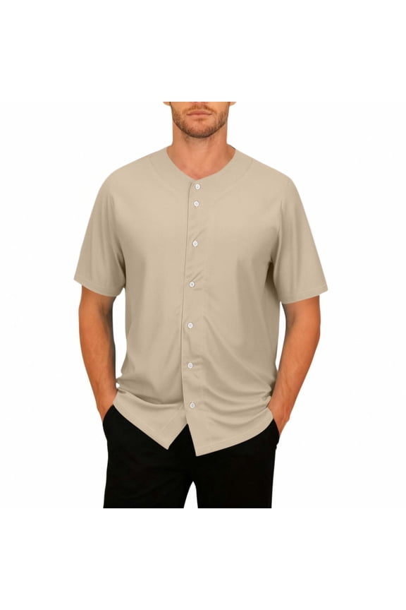 Mens Short Sleeve Button Up Shirt Khaki, Baseball Jersey Performance Polo for Men, Stretch Athletic Casual Shirt Quick Dry Moisture Wicking Relaxed Fit,Size M