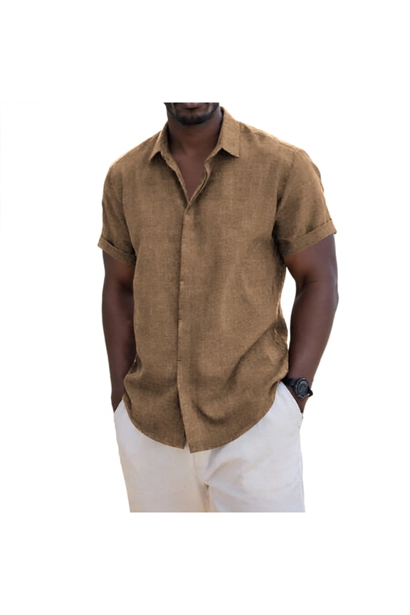 Mens Short Sleeve Button Up Shirt - Casual Brown Coffee Color Breathable Rayon Blend for Vacation, Weekend & Everyday Wear,Size M