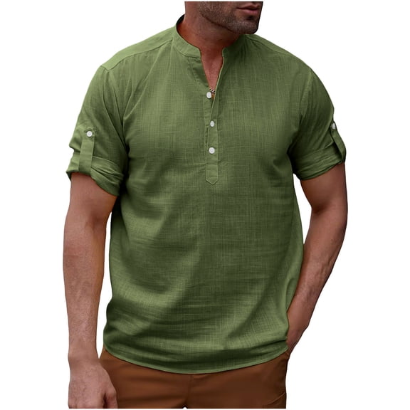 GUZOM Mens Short Sleeve Henley Shirt 100% Cotton Relaxed Fit Casual Top for Men in Army Green,Size M