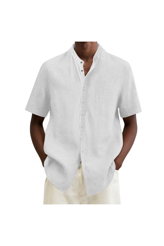 Mens Short Sleeve Linen Blend Shirt Casual Button Down Stand Collar Shirts 60 Cotton 40 Linen White,Size L