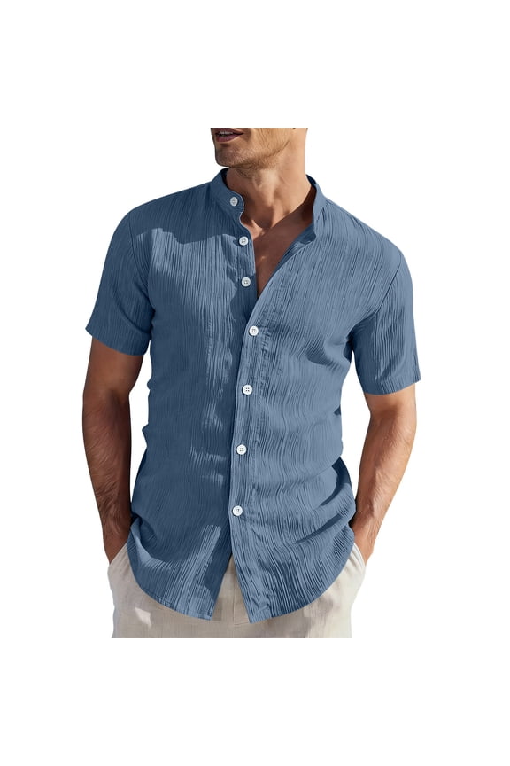 Mens Short Sleeve Shirt, Band Collar Button Up Casual Top, Wrinkle-Free Quick Dry Polyester for Summer & Travel, Sky Blue,Size L