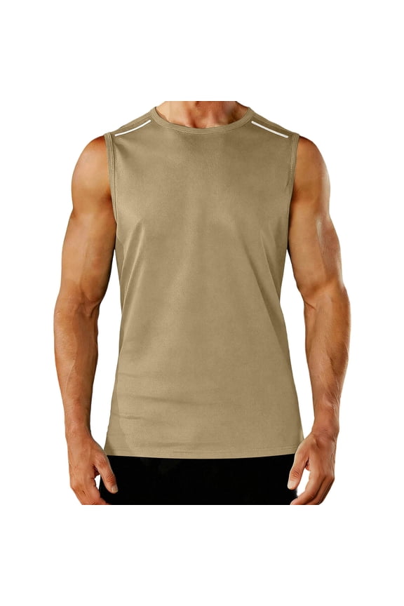 Mens Sleeveless Tank Top Quick Dry Moisture Wicking Gym Workout Shirt Athletic Running Breathable Mesh Loose Fit Crew Neck Lightweight Khaki,Size XL