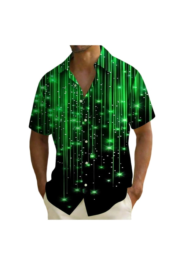 Mens St Patrick's Day Hawaiian Shirt, Green Black Gradient Star Print Short Sleeve Button Down, Soft Wrinkle Resistant Polyester, Relaxed Fit S-5XL,Size 5XL