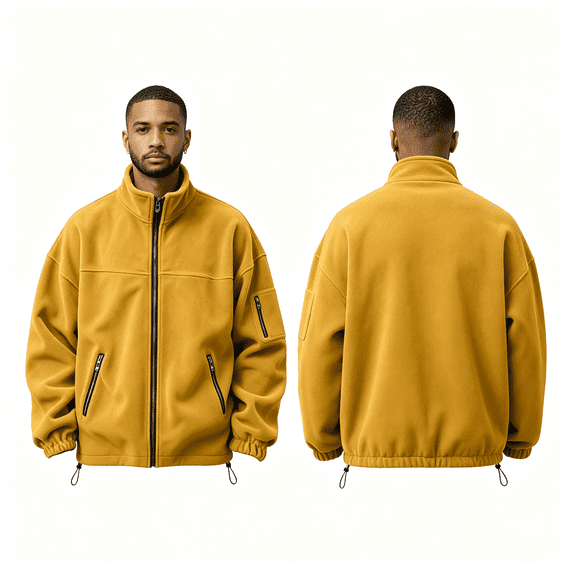 GUZOM Mens Stand Collar Fleece Jacket,Full Zip Loose Fit with Zipper Pockets,Yellow,Size S