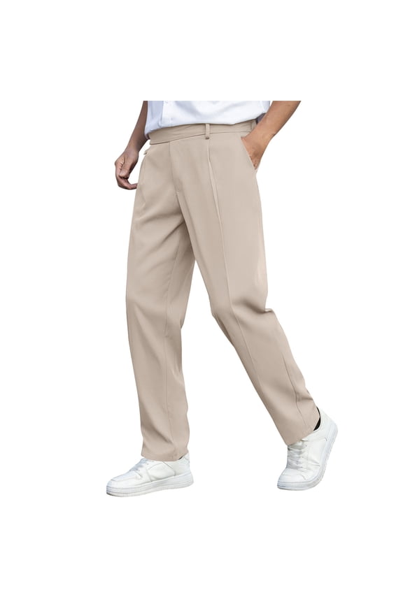 Mens Straight Leg Chino Pants, Beige Khaki Flat Front Wrinkle-Free Easy Care Polyester Casual Office Travel Pants,Size M