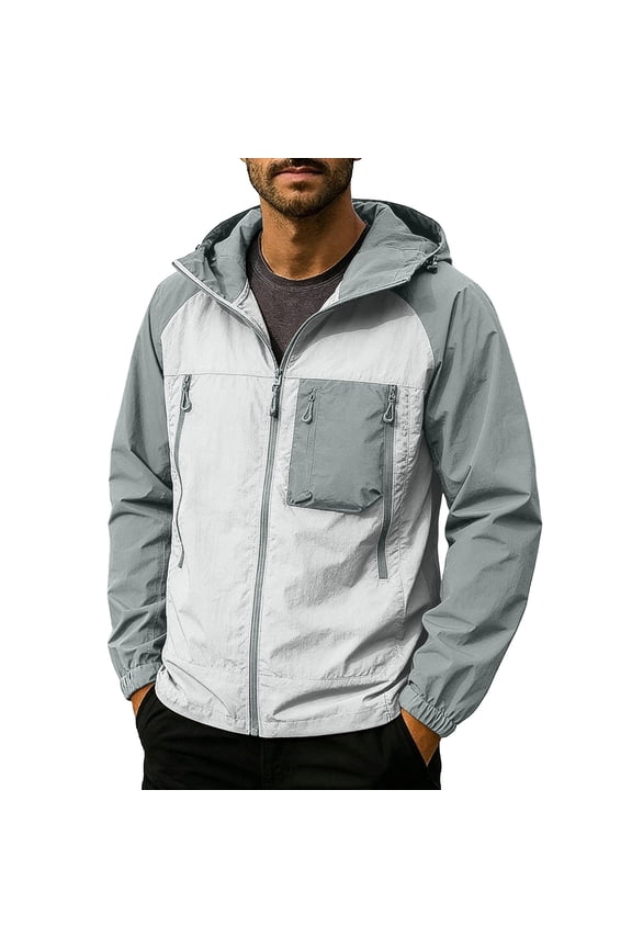 Mens Stretch Nylon Spandex Hooded Windbreaker Jacket Lightweight Packable UPF 50+ Sun Protection Gray,Size S