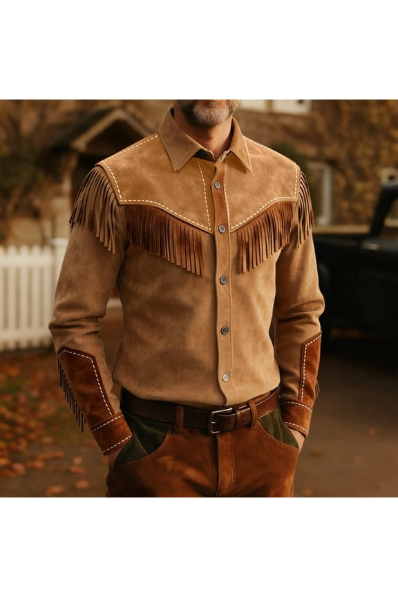 Mens Suede Fringe Jacket Western Cowboy Shirt Jacket Vintage Retro Brown Outerwear with Button Front S-XXXL,Size L