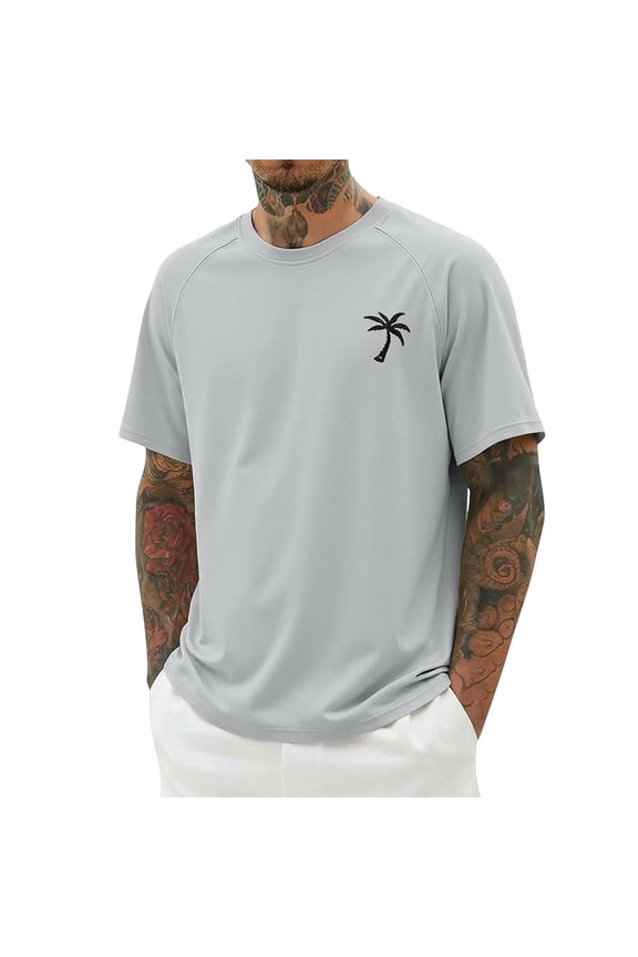 Mens Summer Beach T-Shirt, Gray Embroidered Palm Tree, Relaxed Fit Crew Neck Raglan Sleeve Stretch Polyester Spandex S-3XL,Size 3XL