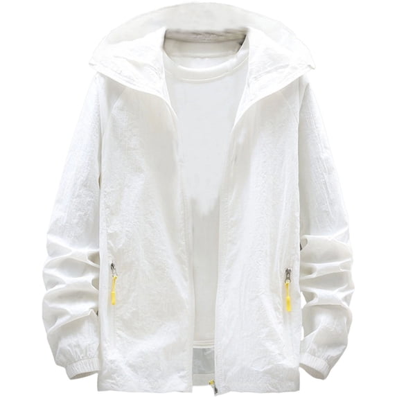 GUZOM Mens Summer Travel Jacket UPF 50+ Sun Protection Lightweight Hoodie Quick Dry Breathable Long Sleeve Full Zip Packable White,Size XL