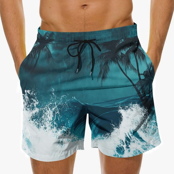 GUZOM Mens Swim Trunks Board Shorts Quick Dry with Pockets, Teal Blue Tropical Palm Tree Print, Elastic Waist, Chlorine Resistant, S-5XL,Size 4XL