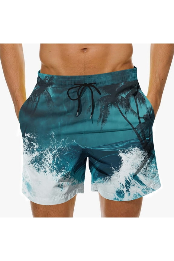 Mens Swim Trunks Board Shorts Quick Dry with Pockets, Teal Blue Tropical Palm Tree Print, Elastic Waist, Chlorine Resistant, S-5XL,Size XL