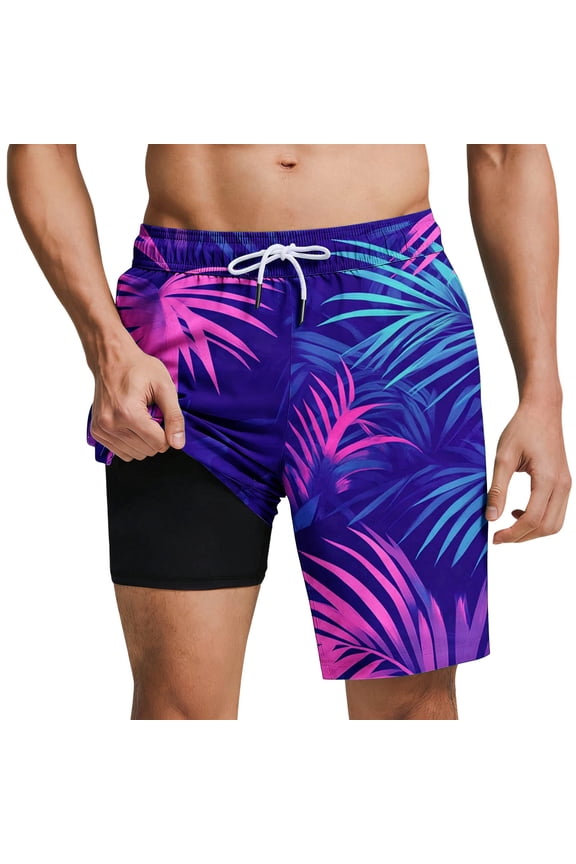Mens Swim Trunks Tropical Print Board Shorts Quick Dry with Liner Mid-Thigh Length Polyester Spandex Multicolor,Size L