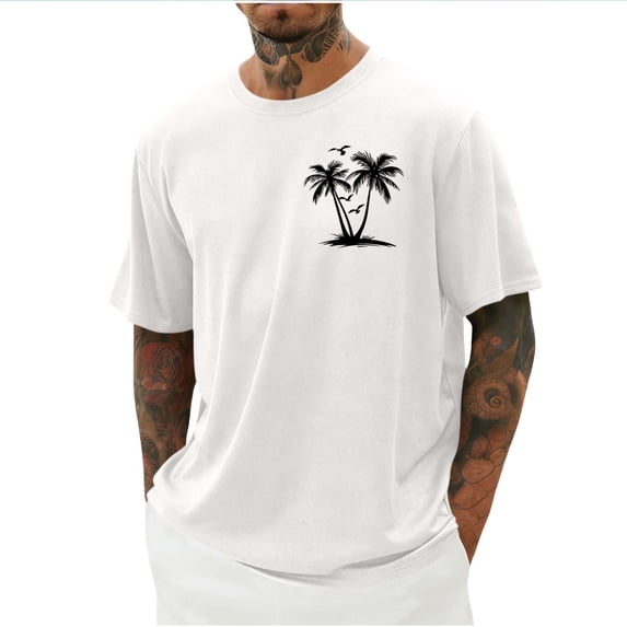 GUZOM Mens Tropical Palm Tree Print T-Shirt Moisture Wicking Quick Dry Relaxed Fit Crew Neck Summer Beach Tee, White,Size L