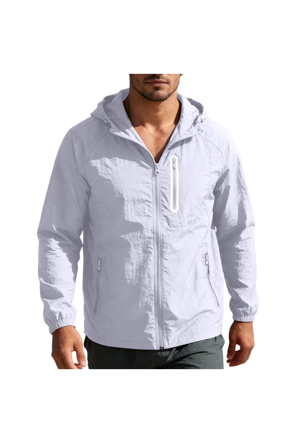 Mens UPF 50+ Hooded Full Zip Sun Protection Jacket Lightweight Breathable Quick Dry Nylon Spandex White for Hiking Fishing Running,Size 3XL
