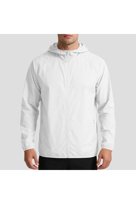 Mens UPF 50+ Lightweight Sun Protection Hooded Jacket Full Zip Packable Breathable Wind Resistant Long Sleeve White,Size M