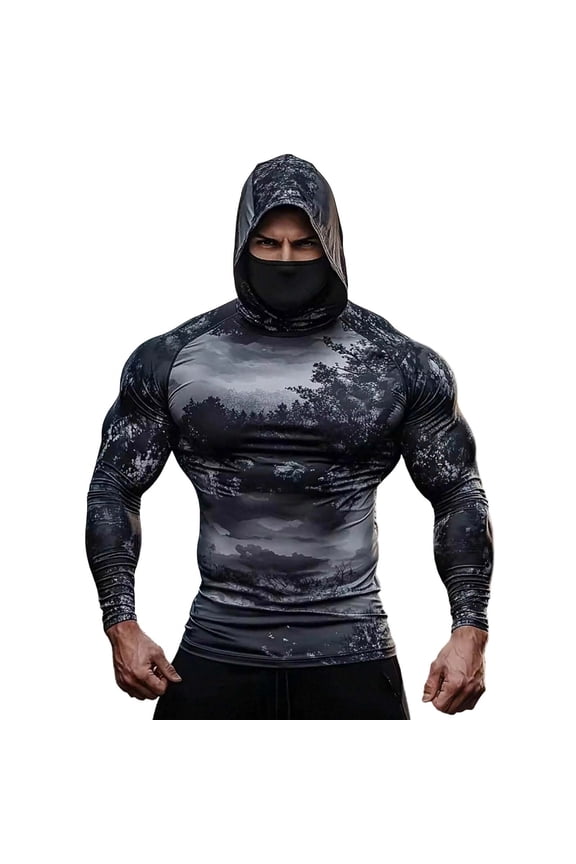 Mens UPF 50+ Long Sleeve Compression Sun Hoodie Camo Fishing Shirt Quick Dry UV Protection Lightweight Black,Size 2XL