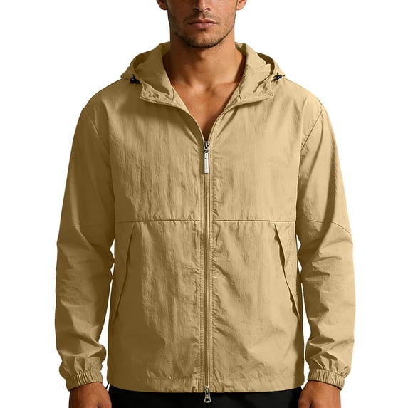 GUZOM Mens UPF 50+ Sun Protection Hooded Jacket Quick Dry Lightweight Packable Windbreaker Water Resistant Breathable Nylon Spandex for Hiking Fishing Travel Khaki,Size 2XL