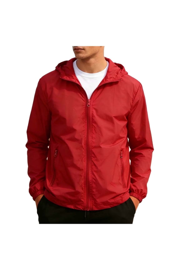 Mens UPF 50+ Sun Protection Hooded Lightweight Packable Windbreaker Water Resistant Breathable Nylon Spandex Jacket with Zippered Pockets for Travel Hiking Red,Size L