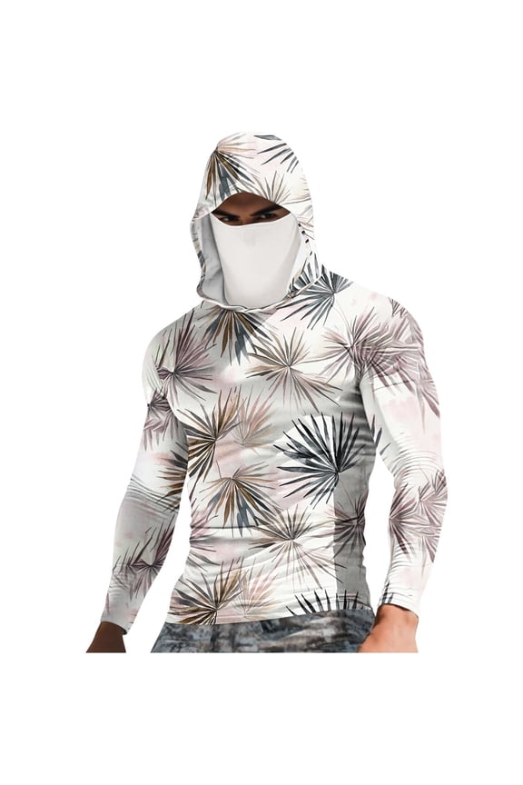 Mens UPF 50+ Sun Protection Hoodie Long Sleeve Fishing Shirt with Face Mask Quick Dry Breathable Outdoor White Tropical Palm Print,Size 3XL