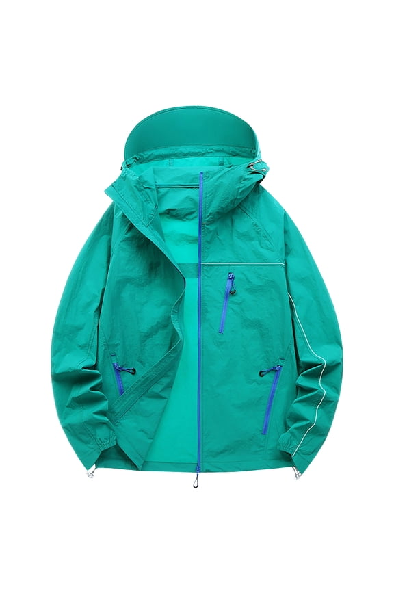 Mens UPF 50+ Sun Protection Jacket Lightweight Packable Hooded Green with Visor Zippered Pockets,Size S