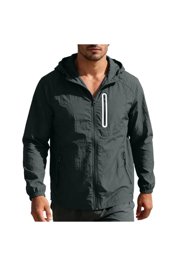 Mens UV Protection Jacket UPF 50+ Lightweight Stretch Nylon Spandex Quick Dry Breathable Hooded Full Zip Dark Gray for Hiking Fishing Running,Size XL