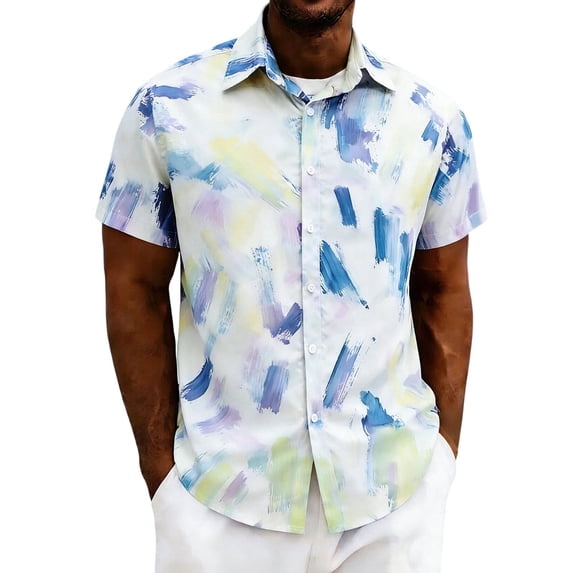 GUZOM Mens Vacation Short Sleeve Button Down Shirt, Abstract Brushstroke Print Hawaiian Style Stretch Casual Top, Wrinkle Resistant, White,Size XL