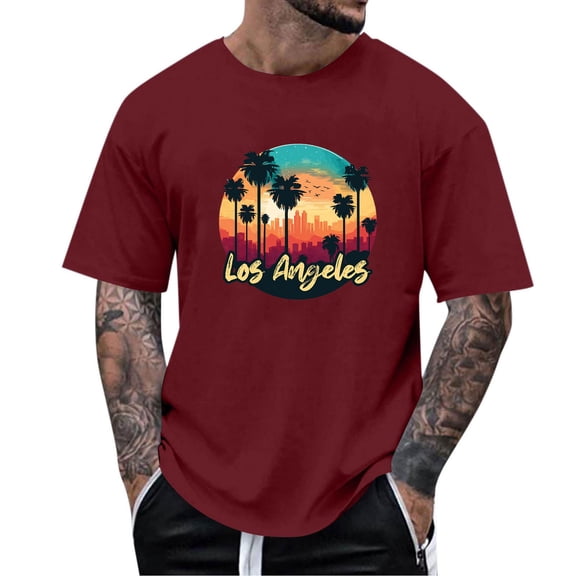 GUZOM Mens Vintage Graphic T-Shirt Los Angeles City Skyline Tee, Wine Retro Palm Tree Shirt, Casual Stretch Fit,Size XL