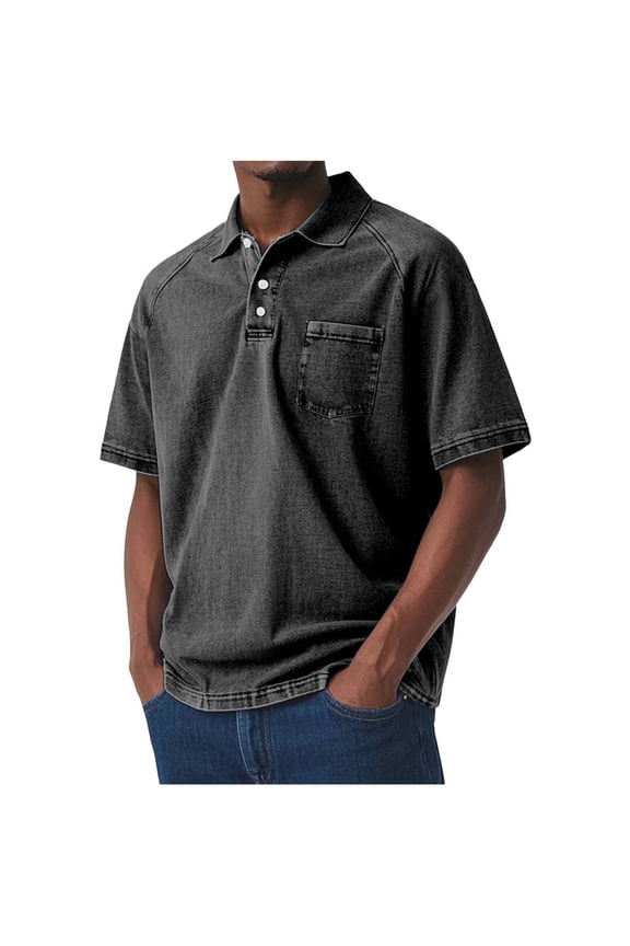 Mens Washed Polo Shirt, Relaxed Fit & Stretch Comfort, Short Sleeve Casual Shirt with Pocket for Men, Big & Tall Sizes S-5XL, Black,Size 5XL
