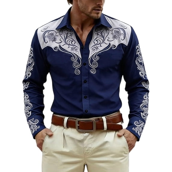 GUZOM Mens Western Embroidered Long Sleeve Shirt Stretch Fabric Button Down Cowboy Style with Yoke Design for Rodeo Concert Casual Wear Dark Blue,Size M