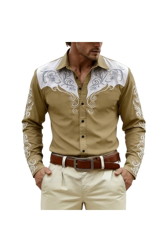 Mens Western Embroidered Long Sleeve Shirt Stretch Fabric Button Down Cowboy Style with Yoke Design for Rodeo Concert Casual Wear Khaki,Size 2XL