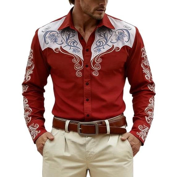 GUZOM Mens Western Embroidered Long Sleeve Shirt Stretch Fabric Button Down Cowboy Style for Rodeo Concert Casual Wear Red,Size S