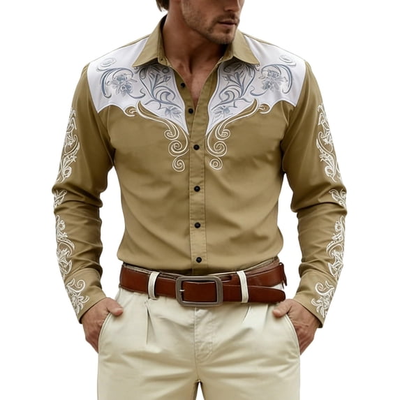 GUZOM Mens Western Embroidered Long Sleeve Shirt Stretch Fabric Button Down Cowboy Style with Yoke Design for Rodeo Concert Casual Wear Khaki,Size L