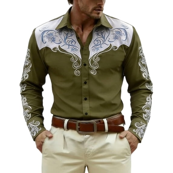 GUZOM Mens Western Embroidered Long Sleeve Shirt Stretch Fabric Button Down Rodeo Concert Casual Top Army Green,Size XL