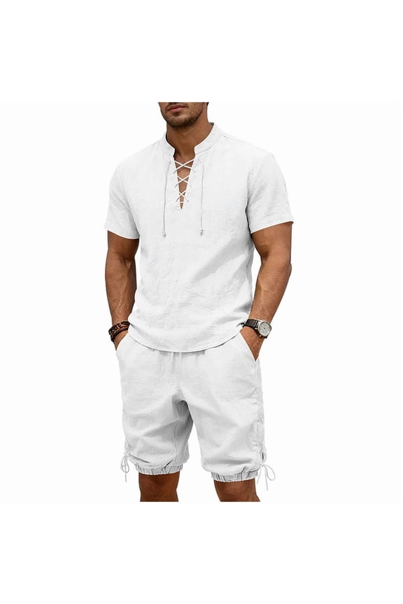 Mens White 2-Piece Linen Short Sleeve Relaxed Fit Matching Set Casual Summer Beach Vacation Outfit Drawstring Shorts with Pockets,Size M