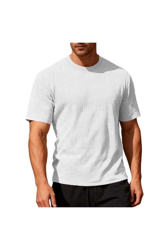 Mens White Textured Crew Neck Short Sleeve T-Shirt Relaxed Fit Stretchy Polyester Spandex Breathable,Size L