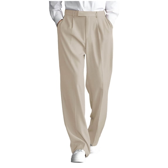GUZOM Mens Wide Leg Pleated Pants Beige, Lightweight Wrinkle Resistant Polyester, Relaxed Fit Comfort Casual & Business Office Trousers,Size L