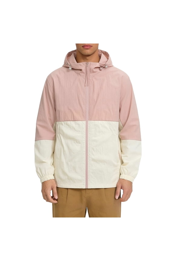 Mens Windbreaker Jacket Pink Colorblock Nylon Lightweight Water Resistant Hooded with Pockets,Size L