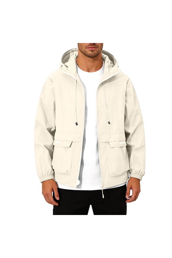 Mens Windbreaker Jacket UPF 50+ Sun Protection Nylon Spandex Lightweight Packable Hooded Beige,Size 3XL