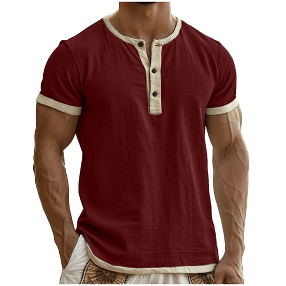 GUZOM Mens Wine Burgundy Henley Shirt Short Sleeve | Slim Fit Casual Button Down Top in Breathable Linen Cotton Blend,Size M