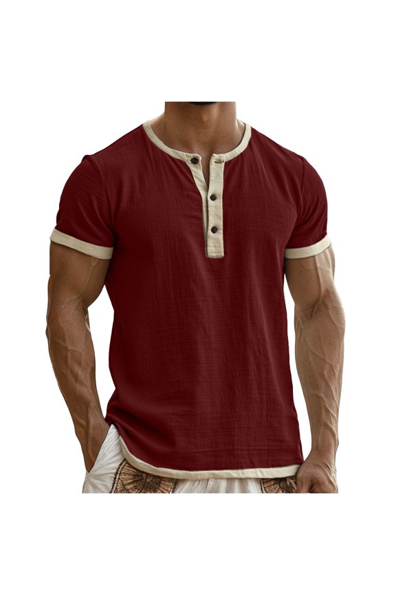 Mens Wine Burgundy Henley Shirt Short Sleeve | Slim Fit Casual Button Down Top in Breathable Linen Cotton Blend,Size M