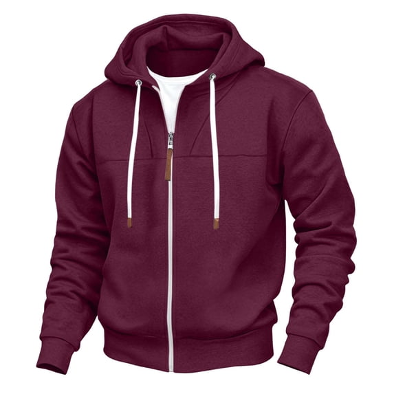 GUZOM Mens Wine Red Full Zip Hooded Jacket - Lightweight Fleece Lined with Pockets,Size M
