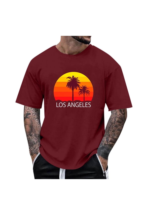 Mens Wine Vintage Los Angeles Graphic Tee with Sunset Palm Tree Print, Soft Relaxed Fit Casual T-Shirt,Size S