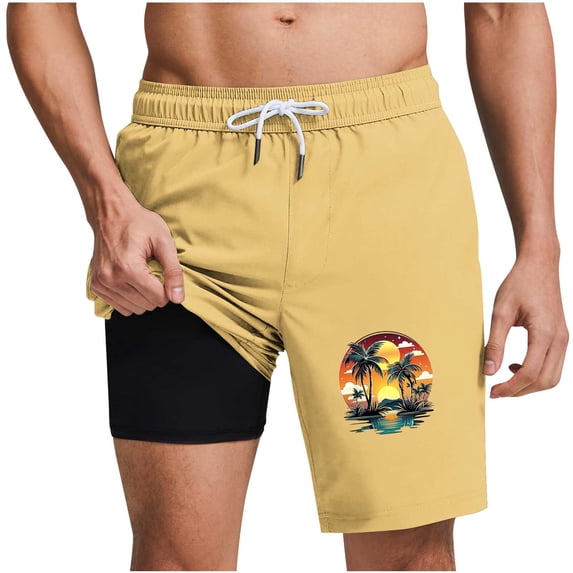 GUZOM Mens Yellow Swim Trunks Board Shorts Quick Dry with Liner 5" Inseam Tropical Print Polyester for Beach & Pool,Size 3XL