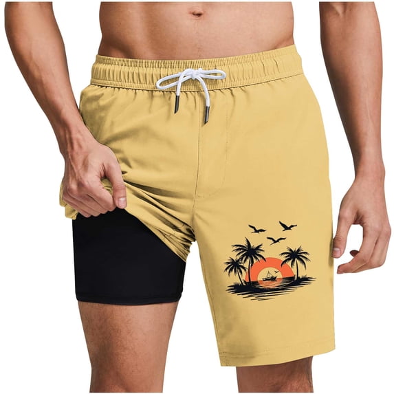 GUZOM Mens Yellow Swim Trunks Quick Dry with Liner, Tropical Sunset Print Board Shorts for Beach Pool Vacation, Elastic Waist & Pockets,Size XL