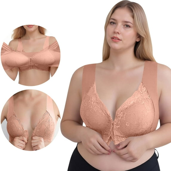 GUZOM Plus Size Women's Wireless Bra - Front Closure, Comfortable Lace, Wide Straps, Coffee, Size 2XL for Everyday Wear