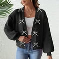 thumbnail image 1 of GUZOM Sweaters Womens Acrylic Oversized Cropped Open-Front Cardigan with White Bowknots, V-Neck & Balloon Sleeves - Soft Knit, Ribbed Cuffs, Black (S/M/L/XL),Size S, 1 of 6