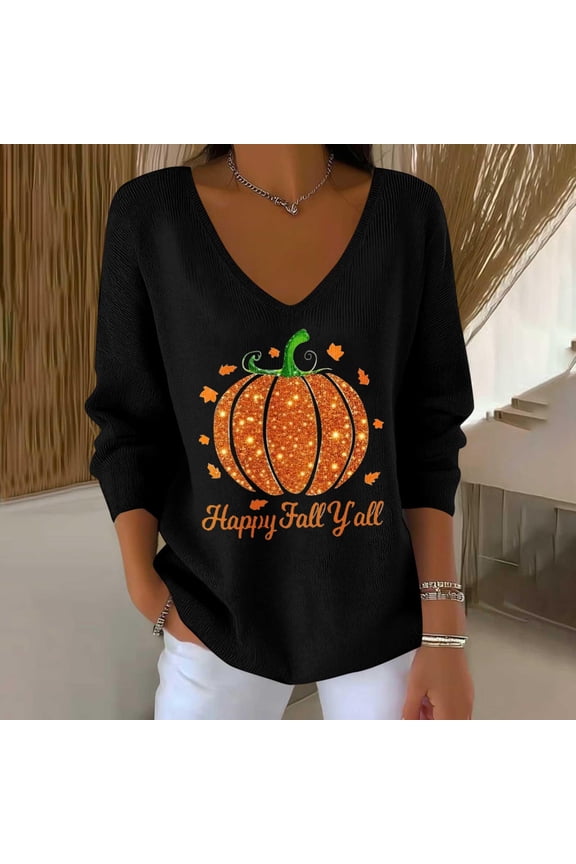 Sweaters Womens Fall Black V-Neck Top - Pumpkin Print Glitter Graphic Happy Fall Y’all, 100% Polyester Long Sleeve, Plus Size S-XXXXXL,Size XL